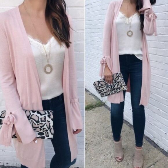 Halogen Cardigan Sweater Womens Lightweight Long Whimsical Bell Sleeves Pink L - Picture 1 of 14